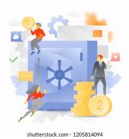 Vector illustration of a big closed bank safe with tiny customers around. Business metaphor of a money deposit.