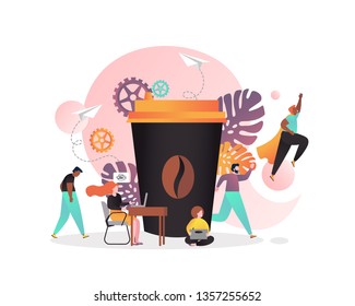 Vector illustration of big coffee to go cup and tired sleepy employees thinking about coffee and active and full of energy after drinking coffee. Coffee break concept for web banner, website page etc.