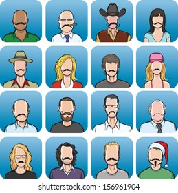 Vector illustration of big collection anonymous faces with mustaches. Easy-edit layered vector EPS10 file scalable to any size without quality loss. High resolution raster JPG file is included.