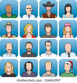 Vector illustration of big collection of  anonymous faces. Easy-edit layered vector EPS10 file scalable to any size without quality loss. High resolution raster JPG file is included.