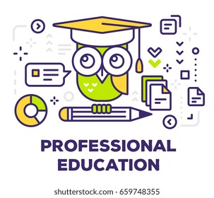 Vector illustration of big color owl with pencil and icons. Professional education concept on white background with title. Thin line art design for web, site, banner, poster, business presentation