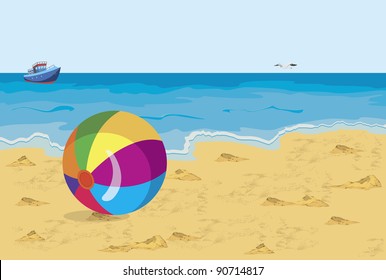 Vector illustration of big colorful ball on the beach seagull and ship