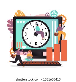 Vector illustration of big computer monitor with man sitting on clock hand, employees engaged in their work. Productivity and time management apps, deadline concept for web banner, website page.