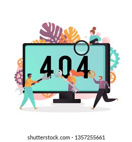 Vector illustration of big computer monitor with 404 not found error network message and characters trying to fix it. Server error, page not found concept for web banner, website page etc.