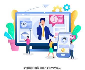 Vector illustration of big computer monitor with call center agent in headset on screen, tiny customers using mobile phones. Help desk, customer service, 24-7 technical support for website page etc.