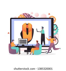 Vector illustration of big computer and tiny people gamers playing online football tournament. Sports video games, egames championship, esports tournament, cyber sport concept for web banner, webpage.