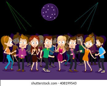 Vector illustration of big crowd of people dancing in the night club