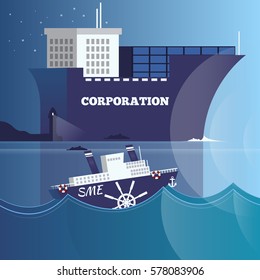 Vector illustration of big cruise ship representing corporation and small ship representing small and medium-sized enterprises. Business structure and leadership concept design element in flat style.