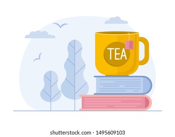 Vector illustration of  big cup tea and books. Drinking warm cup of tea. Cartoon cute winter