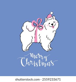 Vector illustration with big cute white dog with lettering - Merry Christmas. preppy greeting card design in hand drawn style. Christmas gift, comic dog with pink bow illustration on blue background