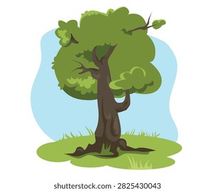 Vector Illustration of Big Deciduous Green Oak Tree with Thick Trunk and Lush Crown on Grass Hill