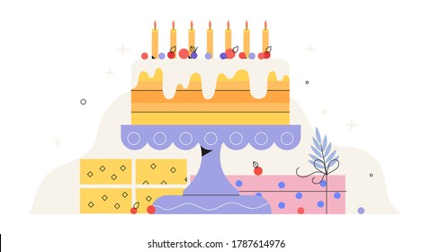 Vector illustration of big delicious birthday cake decorated with berries with gift boxes and presents isolated on white background. Cooking, hand made cake or backery emblem, logo for greeting card.