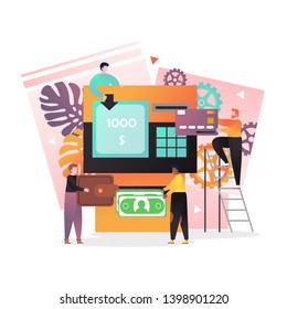 Vector illustration of big deposit-enabled ATM terminal and tiny people making cash deposits into their bank accounts using plastic card. ATM deposit transactions concept for web banner, website page.