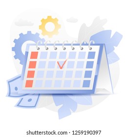 Vector illustration of a big desk calendar over white background surrounded by light gradiented leaves, cogwheels, paper money and clouds.