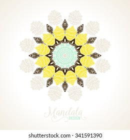 Vector illustration of big detailed mandala. Floral abstract background. Concept round ornament for yoga studio, meditation, with Indian, Arabic, ottoman and Moroccan motifs