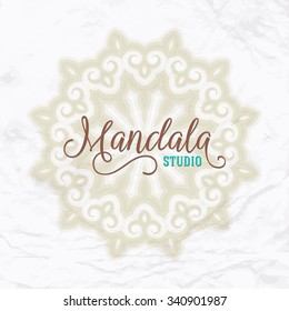 Vector illustration of big detailed snowflake. Winter background for Christmas card. Concept design of round ornamental mandala for yoga studio, Indian, Arabic or Thai cuisine restaurant, tattoo salon