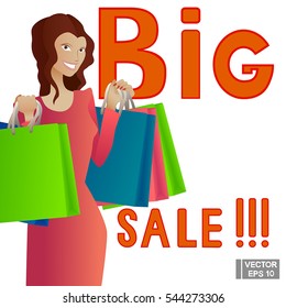 Vector illustration of a big discount. Cartoon girl with packages