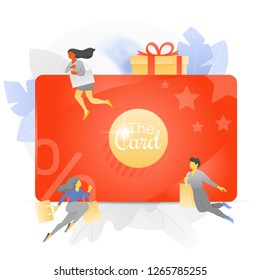 Vector illustration of a big discount and loyalty card over white background with tiny people characters, percent signs, gift box and stars.