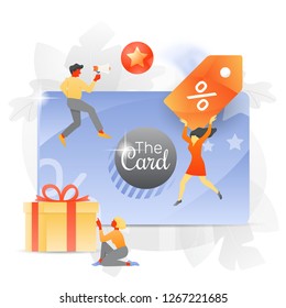 Vector illustration of a big discount and loyalty card over white background with tiny people characters, percent signs, gift box and stars.