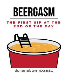 Vector illustration of Big Disposable Beer glass with cold beer. Beer Pool concept. Beergasm design for bloggers and social media.