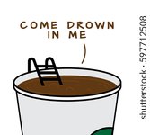 Vector illustration of Big Disposable Coffee cup with hot coffee. Coffee Pool concept. Drown in caffeine design for bloggers and social media.