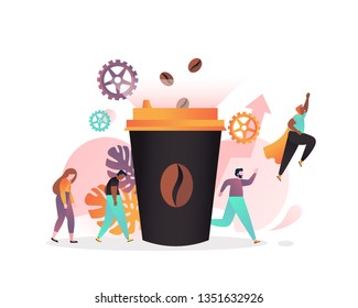 Vector illustration of big disposable coffee cup and exhausted characters thinking about coffee and active flying like superman after coffee drink. Coffee benefits concept for web banner, website page