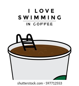 Vector illustration of Big Disposable Coffee cup with hot coffee. Coffee Pool concept. Swimming in caffeine design for bloggers and social media.