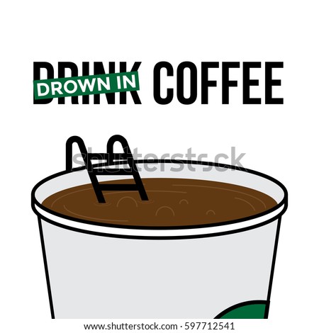 Vector illustration of Big Disposable Coffee cup with hot coffee. Coffee Pool concept. Drink caffeine design for bloggers and social media.