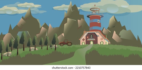 Vector illustration of big ebony mountains, tumbleweed, rose ebony,cerulean frost color beautiful house or farm house, dark liver horse color tractor parked near the house, air blue sky with clouds.