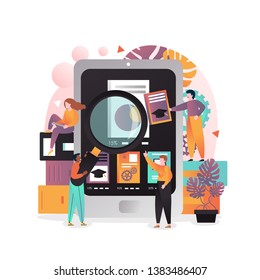 Vector illustration of big ebook, one man searching book with magnifying glass, the other men proposing books to him. Electronic device for reading, e-reader, tablet pc concept for web banner webpage.