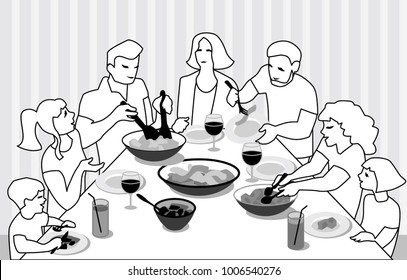 Vector Illustration from big family celebrating. Grandparents, parents and children at table eating and speaking.