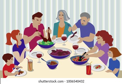 Vector Illustration from big family celebrating. Grandparents, parents and children at table eating and speaking.