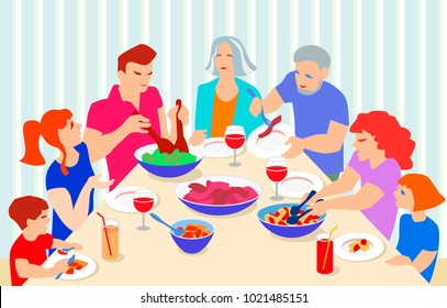 Vector Illustration from big family celebrating. Grandparents, parents and children at table eating and speaking.