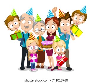 Vector illustration of big family celebrating birthday. Giving gifts and blowing candles. Big happy family portrait. Isolated on white background