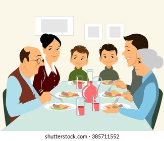 Vector illustration of a big family eating