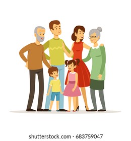 Vector illustration of big family with mother, father, grandmother and grandfather. Smiling peoples standing at action poses