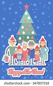 Vector illustration of  big family with shopping. Grandma and grandpa, children, grandchildren.