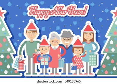 Vector illustration of  big family with shopping. Grandma and grandpa, children, grandchildren. Family with mother father grandparents grandchildren. Group people isolated white background flat style.