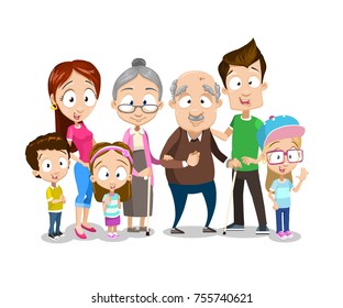 Vector illustration of Big family standing together. Isolated on white background