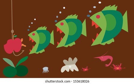 Vector illustration of big fish eat little fish, hook and worm