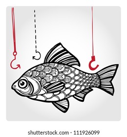 Vector illustration with big fish on white background. Spinning, reel and wobbler, stylized composition