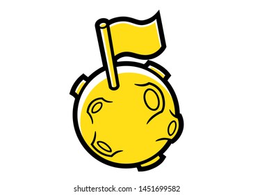 Vector illustration of a big flag placed in a small planet with craters, yellow color, in a graphic style very simple, to use like a logo, design element or similar thing. Cartoon style.