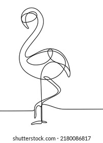 Vector Illustration With Big Flamingo Standing On One Leg On White Background. Line Art. Black Outline Bird. Abstract Contour Element For Trendy Banner Layout Design. Wild Nature. Animal Profile Icon.