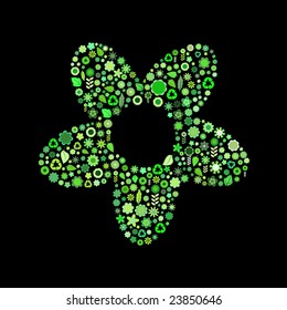 Vector illustration of big flower shape made up a lot of  green small flowers and leaf on the black background
