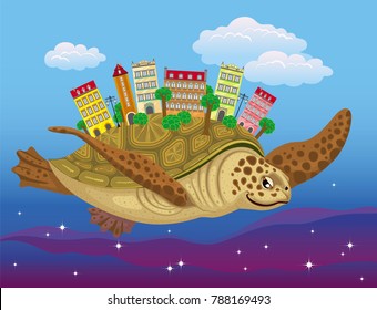 Vector illustration of a big flying turtle carries on the back the world: city, houses, trees.