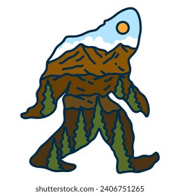 VECTOR ILLUSTRATION OF BIG FOOT THE EXPLORER LANDSCAPE HILL AND MOUNTAIN BADGE DESIGN