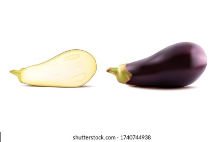 Ilustración vectorial de berenjena fresca y realista y medio cortada, o cuña de guinea aislada sobre fondo blanco.