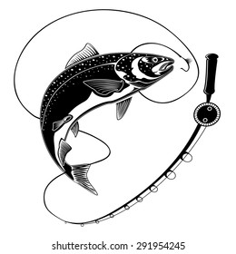 Vector illustration of big fresh salmon fish in waves with fishing rod. Vector illustration can be used for creating logo and emblem for fishing clubs, prints, web and other crafts.