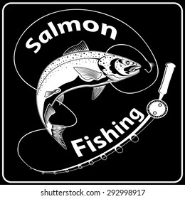 Vector illustration of big fresh salmon fish in waves with fishing rod. Vector illustration can be used for creating logo and emblem for fishing clubs, prints, web and other crafts.