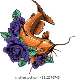 Vector illustration of a big freshwater catfish with flower